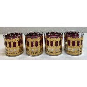 Mid Century Modern CULVER 22KT Gold Cranberry Scroll Low Ball Rocks Glasses 4